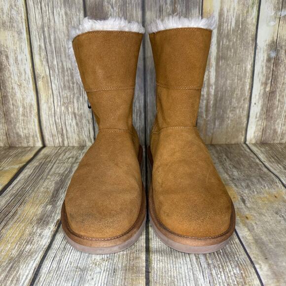 Koolaburra by UGG Aribel Short Shearling Boots Cozy Suede Neutral Chestnut Sz 10 - Picture 2 of 10